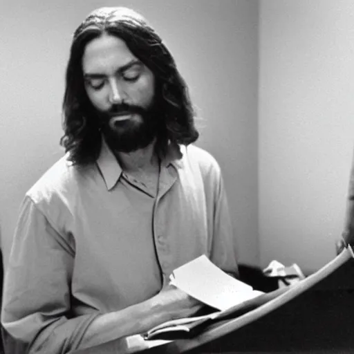 Image similar to Jesus failing a polygraph test, photography