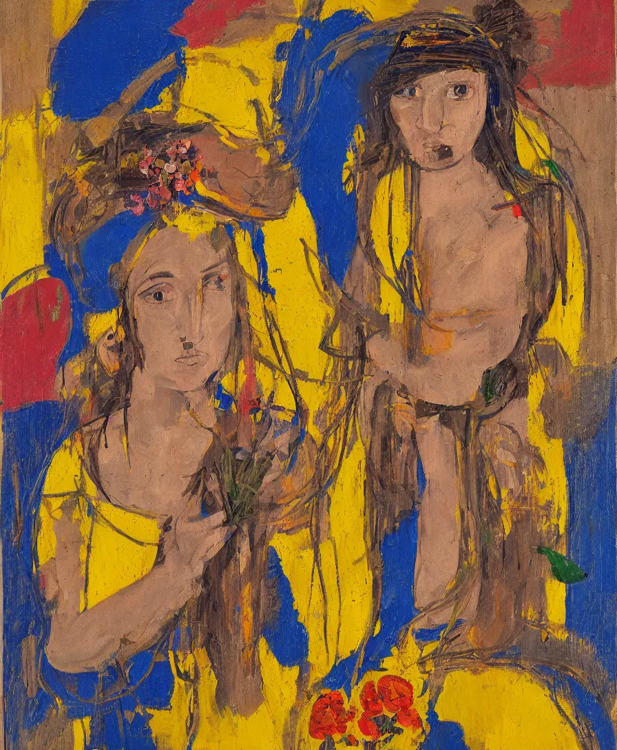 Prompt: portrait of a single lonely priestess with flowers in her hair and a candle in her hand, yellow and blue ribbons, expressive abstractionism, many small saturated hard relief strokes of oil on canvas with high detail