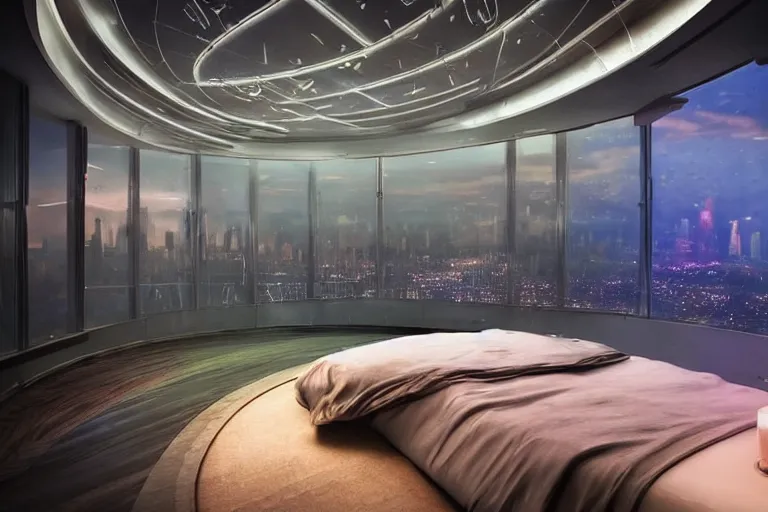 Image similar to a futuristic bedroom with large curved ceiling high windows looking out to a far future cyberpunk cityscape, cyberpunk neon lights, raining, scifi