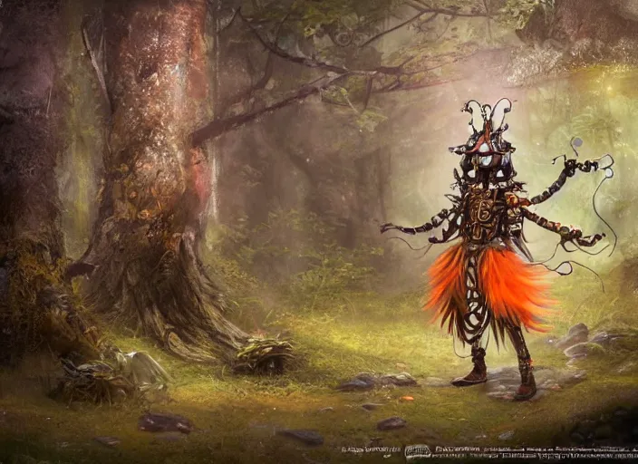 Image similar to ashigaru steampunk - inspired feathered mic, colorful plumage, lacquered armor, cute but determined, hard focus, art station, by jessica rossier and brian froud, cinematic fantasy painting, orange grey white, in a woodland glade