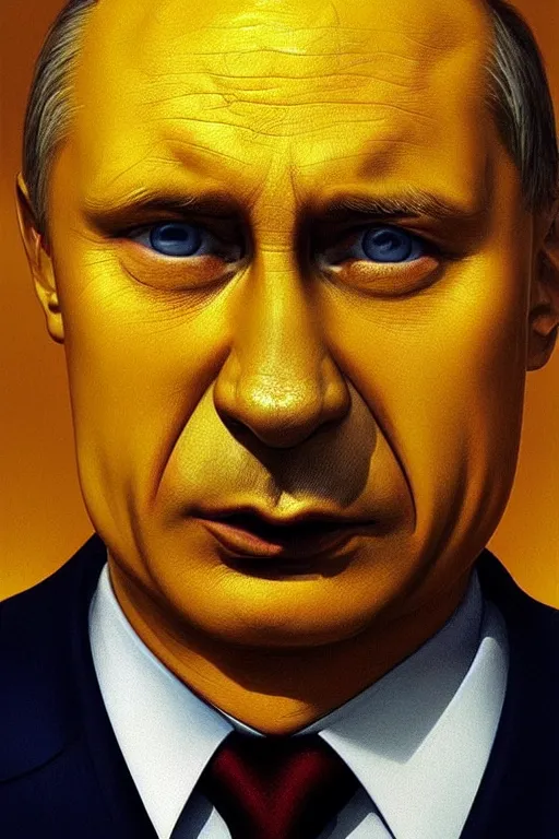 Image similar to vladimir putin as a yellow funny stupid homer simpson, realistic portrait, symmetrical, highly detailed, digital painting, artstation, concept art, smooth, sharp focus, illustration, cinematic lighting, art by artgerm and greg rutkowski and alphonse mucha