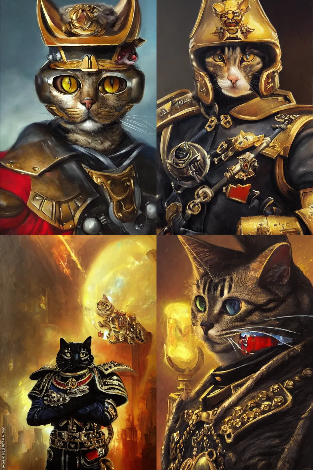 Prompt: an oil painting of a cat as an Imperial officier from the Warhammer 40k, sparkly detailed cat eyes, glorious, cinematic, realistic lighting, masterpiece, smooth, Warhammer 40k, military, by J. M. W. Turner