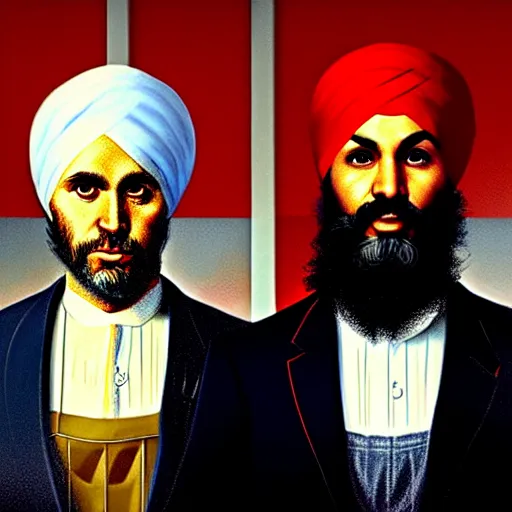 Image similar to Justin Trudeau and Jagmeet Singh in the american gothic painting, concept art, sharp focus, highly detailed digital painting by Grant Wood, artstation