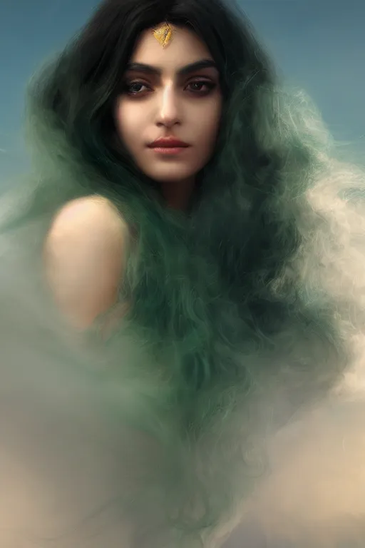 Image similar to realistic portrait of dreamy beautiful persian goddess princess in the clouds, volumetric fog, green eyes, long black hair flying around, smiling, face, highly detailed, artstation, concept art, sharp focus, hyper realistic, octane render, unreal engine, 8 k