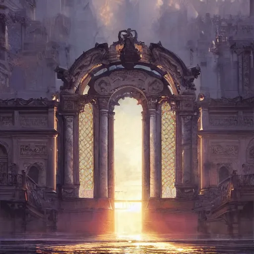 Image similar to beautiful painting of the gates of heaven, volumetric lighting, 8 k octane beautifully detailed render, post - processing, extremely hyper - detailed, intricate, epic composition, cinematic lighting, masterpiece, trending on artstation, detailed detailed detailed, masterpiece, stunning art by anders zorn, wonderful masterpiece by greg rutkowski, beautiful cinematic light,