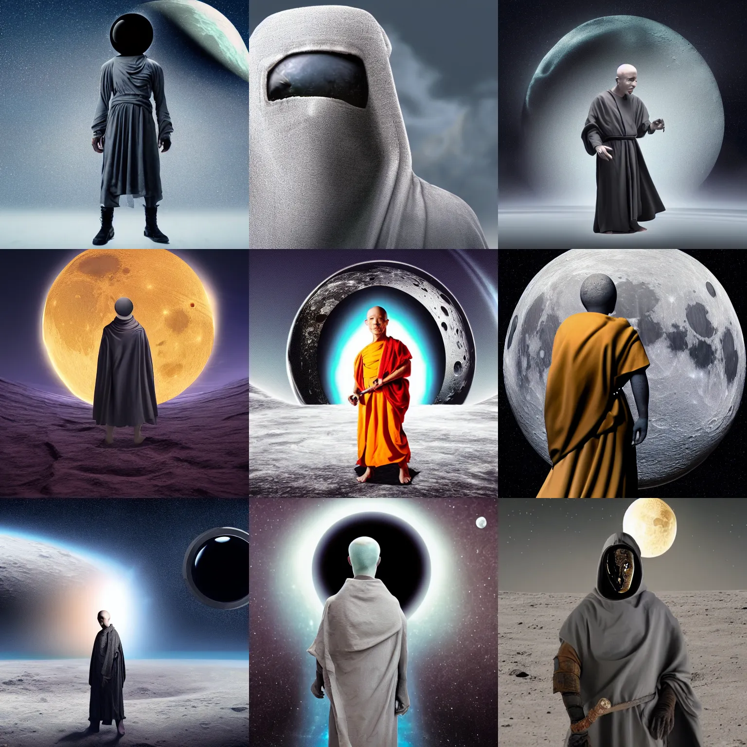 Prompt: futuristic monk in grey cloth with a black hole instead of head holding a rusty sword standing on the moon, his head is a black-hole, 8K resolution, very aesthetic, moon surface background