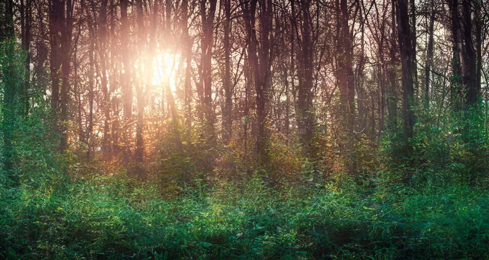 Prompt: softly glowing orbs of multicolored pastel light floating above the forest floor at twilight, illuminating the surrounding scenery