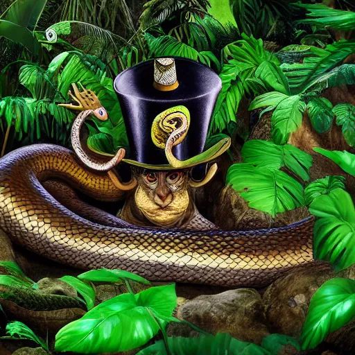 Image similar to huge snakes wearing top hats in the jungle, national geographic photo, detailed, 4k