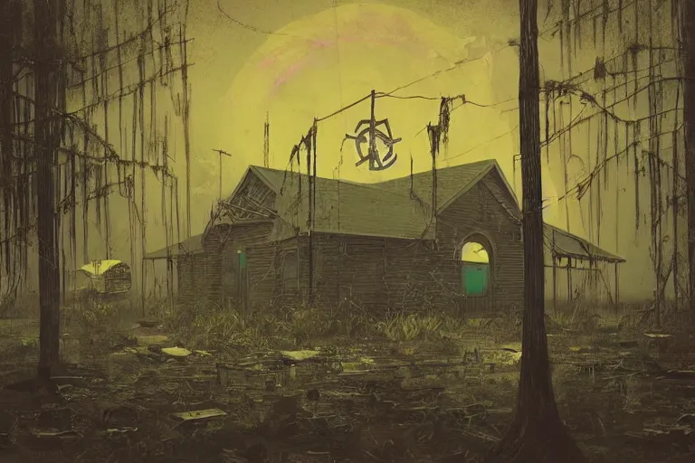 Prompt: scene from louisiana swamps, voodoo cult, old protestant church with neon satanic pentagram, junkyard by the road, boy scout troop, voodoo artwork by tim eitel