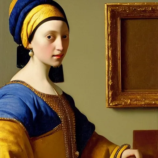 Image similar to An oil painting tronie of a European girl wearing an exotic gold dress, an oriental blue and gold turban, and a very large pearl as an earring, against a dark background, by Johannes Vermeer, 1665.