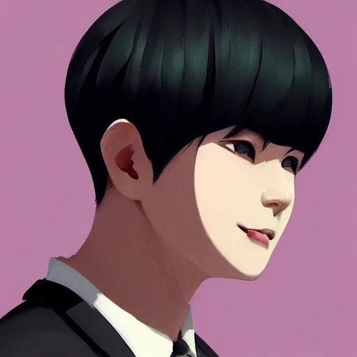 Image similar to a headshot of a very happy bts jimin closed smile - short black hair wearing male school uniform, sharp focus, illustration, morandi color scheme, art station, high detailed, by ilya kuvshinov, gorillaz art