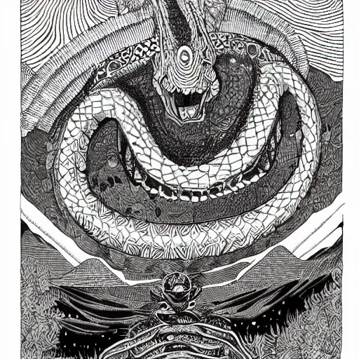 Image similar to b & w illustration of quetzalcoatl, resolved, showing conviction or bad humor by a gloomy silence or reserve, by studio multi and victo ngai, malika favre, punk fanzine copy, william s burroughs, cut up film