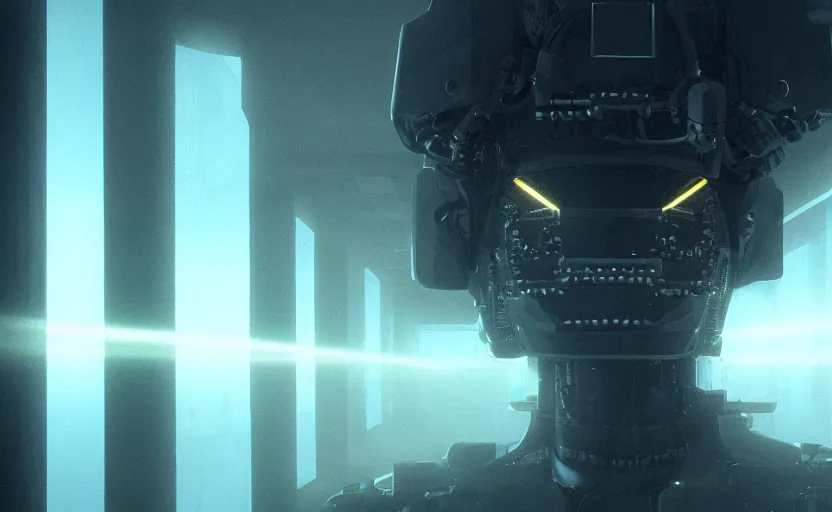 Image similar to extremely detailed cinematic movie still 3 0 7 7 foggy portrait shot of a robot in an endless data centre by denis villeneuve, wayne barlowe, simon birch, marc simonetti, philippe druillet, beeple, bright volumetric sunlight from small windows, rich moody colors, closeup