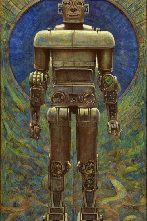 Prompt: the robot in his regalia, by Annie Swynnerton and Diego Rivera and Elihu Vedder, symbolist, dramatic lighting, elaborate geometric ornament, Art Brut, soft blues and greens,smooth, sharp focus, extremely detailed, Adolf Wölfli, octane render