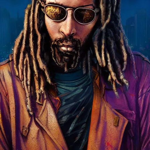 Image similar to cyberpunk, closeup portrait of a shaggy cyberpunk rastafarian hacker, tired, stubble beard, washed up, dramatic light, city background, sunset, dystopian setting, high contrast, sharp, neuromancer, henry dorsett case, painted by stanley lau, painted by greg rutkowski, painted by stanley artgerm, digital art, trending on artstation