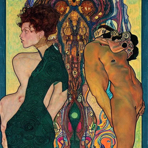 Image similar to transcendential consciousness, contrapposto, egon schiele, gustav klimt, alphonse mucha, retro futurism