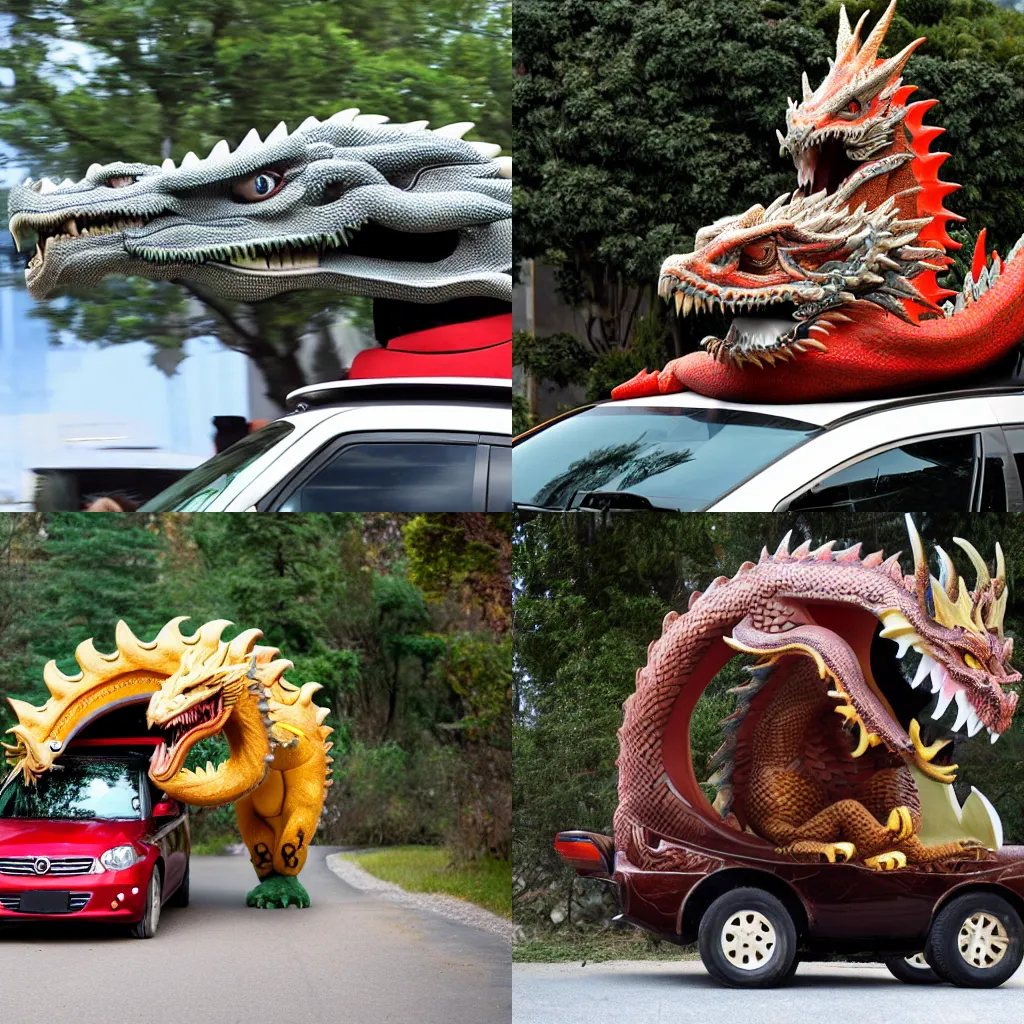 Prompt: small car transporting a large dragon head on top