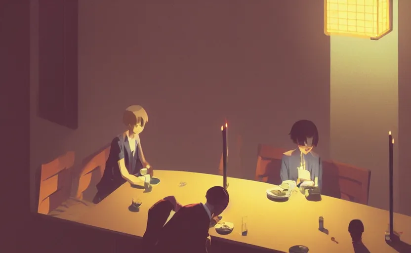 Prompt: a mysterious dimly lit dinner scene japanese digital art illustration by atey ghailan and escher and edward hopper, surreal