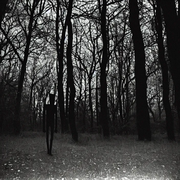 Image similar to a creepy and slender shadowy figure with long limbs in the dark woods at night, 35 mm, film shot