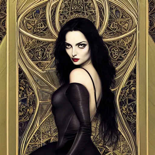 Image similar to ana de armas as morticia addams, masterpiece, intricate, elegant, highly detailed, digital painting, artstation, concept art, smooth, sharp focus, illustration, art by artgerm and greg rutkowski and alphonse mucha and uang guangjian and gil elvgren and sachin teng, symmetry!!