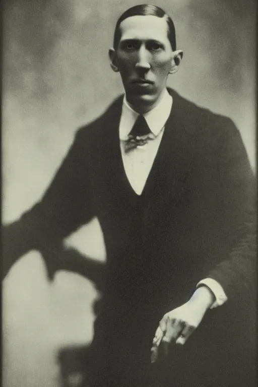 Prompt: a dark, monochrome, glass negative, silver gelatine realistic, supersharp, supersharp, realistic, photographic portrait of h. p. lovecraft, shallow depth of field, by edward c. curtis