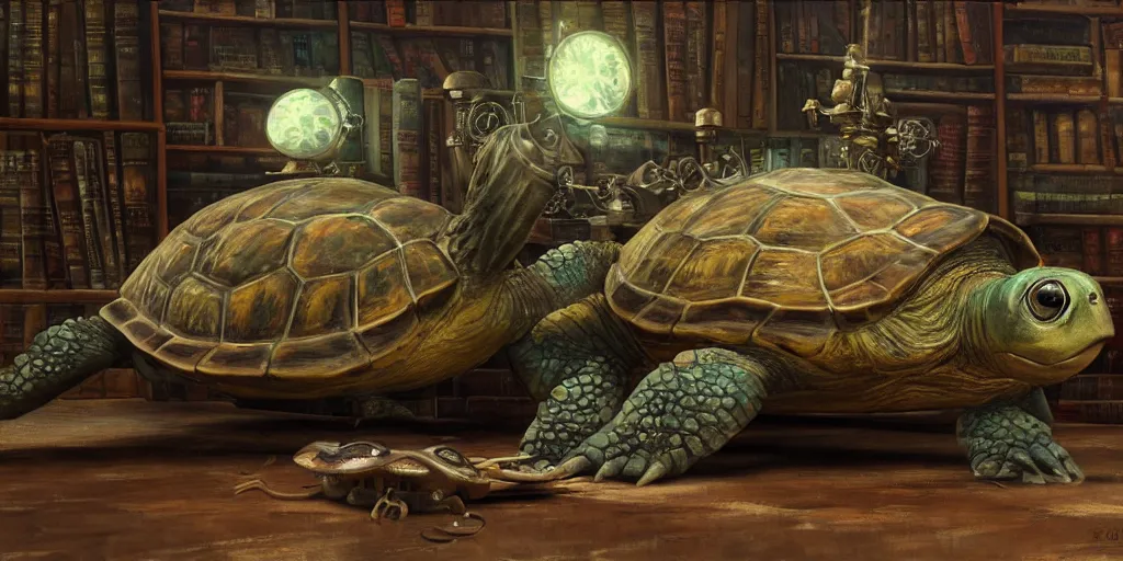 Prompt: steampunk turtle in a library, oil painting on canvas by kenne gregoire, octane render, fantasy art, hyperrealistic