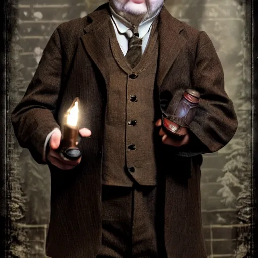 Image similar to Gnome Alchemist dressed like a 1920s mobster, Peter Jackson Lord of the Rings, Volumetric Lighting, Photograph, Practical Effects, Cinematic