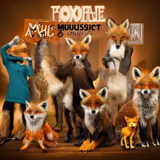Image similar to photorealistic music album cover, with foxes animals wearing clothes, all looking at camera, studio lighting, award winning photograph, 8 5 mm f / 1. 4