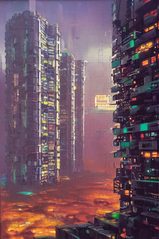 Image similar to cyberpunk, an estate agent listing photo, external view of a block of flats in the UK, by Paul Lehr