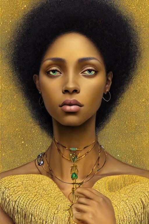 Image similar to Portrait of a Beautiful African female, sad green eyes, beautiful skin, elegant, jewellery, digital painting, Pre-Raphaelites, highly detailed, concept art, smooth, sharp focus, gold and indigo, illustration, art by Klimt .