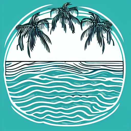 Image similar to waves in bottom front of a palm tree in front of a giant volleyball vector logo, professional sports style, flat colour, svg, professional, sharp edges