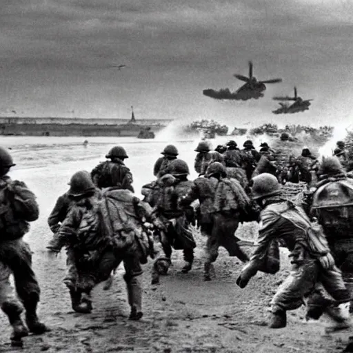 Image similar to Photo by Robert Sargent from 1944 Omaha beach landing at Normandy on D-Day with the Incredible Hulk leading the charge, very detailed, realistic