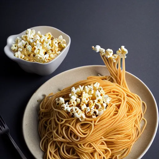 Image similar to spaghetti with popcorn, studio photography