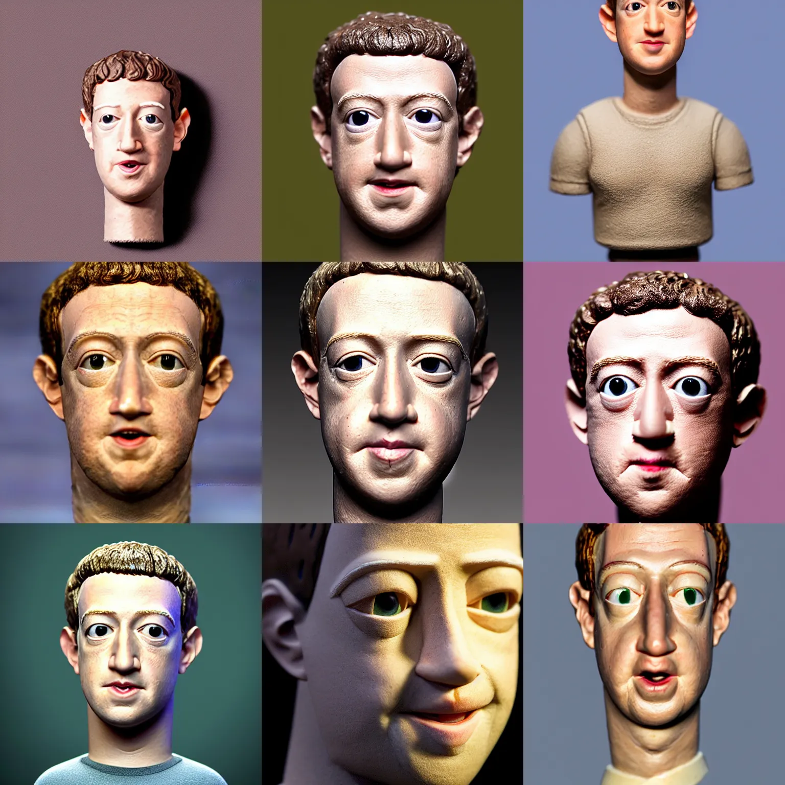 Prompt: mark zuckerberg !!! very extremely realistic!!! extreme likeness!!! smooth specular clay! extremely close smooth specular sculpted headshot of mark zuckerberg clay puppet , soft light, style: claymation puppet kids clay , by guldies , forest jungle background, Cinematic focus, Polaroid photo, vintage, neutral colors, soft lights, foggy, by gregory crewdson