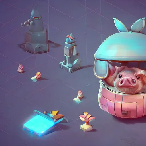 Image similar to Isometric 3D Fantasy Cute and adorable pig spacecraft, Smooth 3D Illustration, soft render, Servando Lupini, Daniil Kudriavtsev, handpaint texture, Blender, 3DCoat H 648