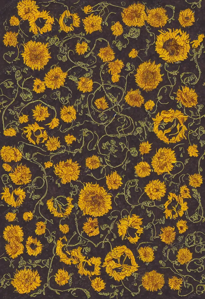 Image similar to mandala about withered sunflowers and dry nasturtiums with vines, dark moody tones