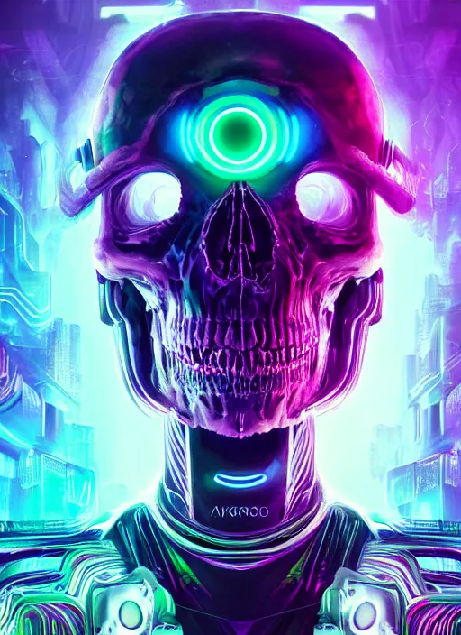 Prompt: a futuristic skull with glowing eyes and a purple background, cyberpunk art by android jones, behance contest winner, computer art, darksynth, synthwave, rendered in cinema 4 d