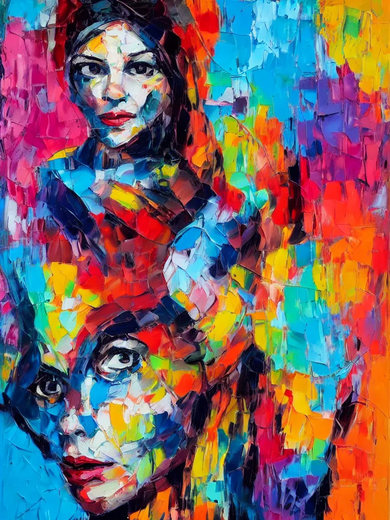 Image similar to highly detailed palette knife oil painting of a woman in the style of Francoise Nielly