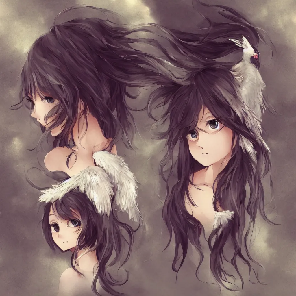 Image similar to natural hair on a bird, art station, anime