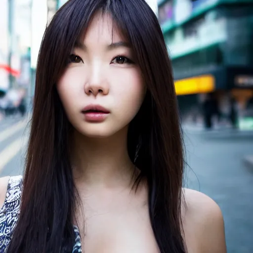 Prompt: sexy asian female model on streets of shibuya, detailed face, posing in futuristic fashion, wide shot