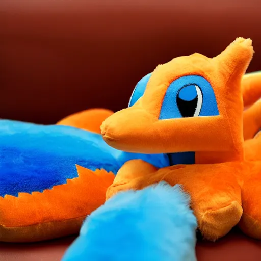 Image similar to colorful charizard fluffy plushy toy on the side of a couch, close up dslr photo