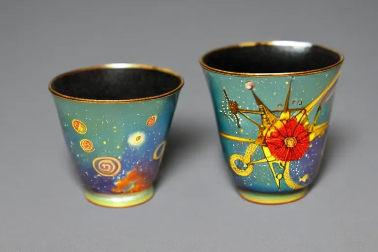 Image similar to vintage enameled cup of tea filled with starry cosmos By Salvador Dali
