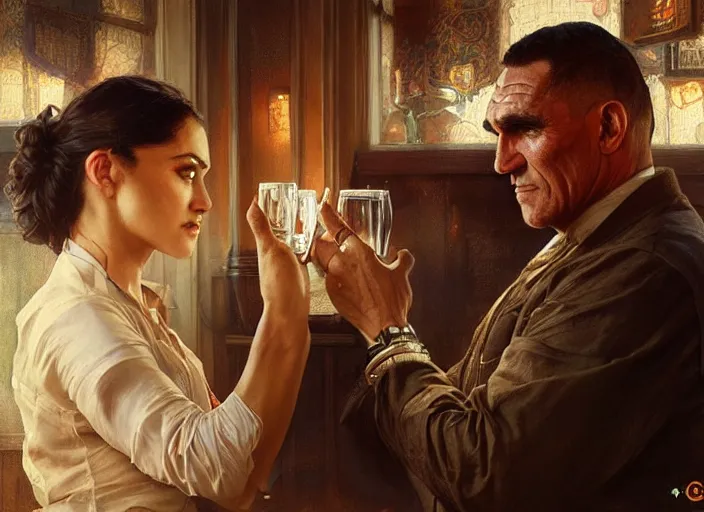 Image similar to vinnie jones and ghandhi and einstein in a pub, real life skin, intricate, elegant, highly detailed, artstation, concept art, smooth, sharp focus, art by artgerm and greg rutkowski and alphonse mucha