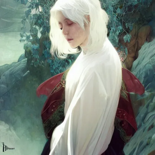 Prompt: portrait of a beautiful ethereal delicate meditative catholic bishopric sacred pose catholic steps of the cross, white hair with big black and red horn, intricate, elegant, highly detailed, digital painting, artstation, concept art, smooth focus et sharp, illustration, art by krenz cushart and artem demura and alphonse mucha