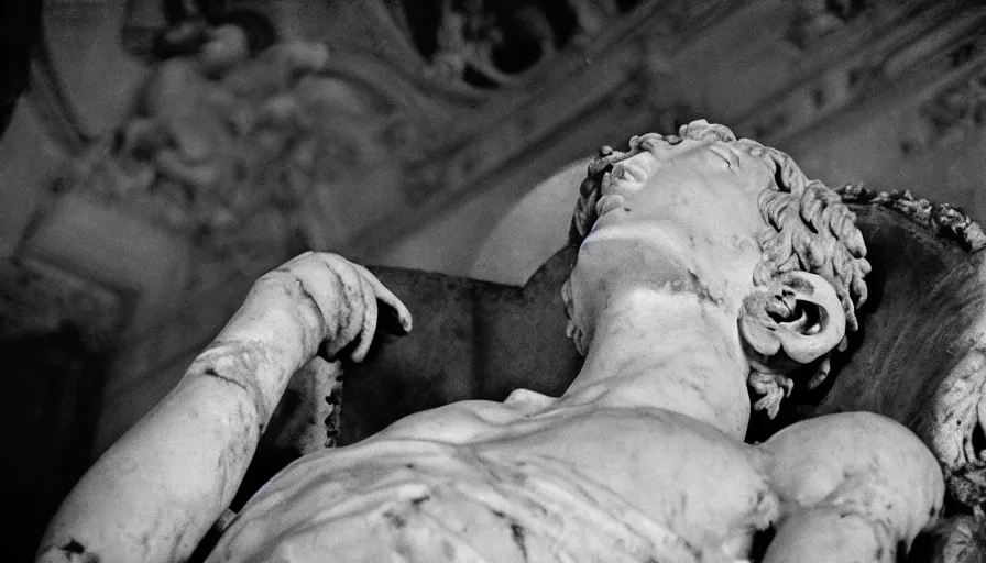 Prompt: movie still close - up caligula slaughtered to death on his throne in a neoclassical room, cinestill 8 0 0 t 3 5 mm b & w, high quality, heavy grain, high detail, dramatic light, cinematic composition, flares, anamorphic, blood, bleeding, by josef sudek