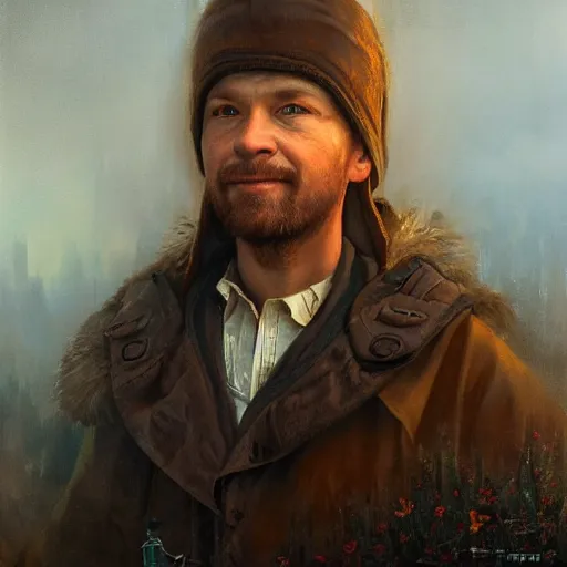 Image similar to portrait of a latvian man ( 3 1 ) from latvia in 2 0 2 1, an oil painting by ross tran and thomas kincade