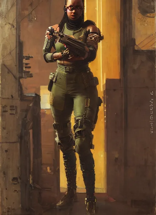 Prompt: Isabel igwe. cyberpunk mercenary wearing a military vest and combat jumpsuit. (Cyberpunk 2077, bladerunner 2049). Iranian orientalist portrait by john william waterhouse and Edwin Longsden Long and Theodore Ralli and Nasreddine Dinet, oil on canvas. Cinematic, vivid color, hyper realism, realistic proportions, dramatic lighting, high detail 4k