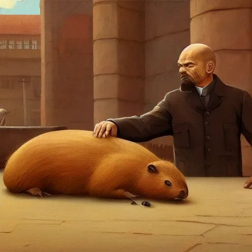 Image similar to an epic painting of vladimir lenin petting capybara, oil on canvas, perfect composition, golden ratio, beautiful detailed, photorealistic, digital painting, concept art, smooth, sharp focus, illustration, artstation trending, octane render, unreal engine, anime style, ghibli studio