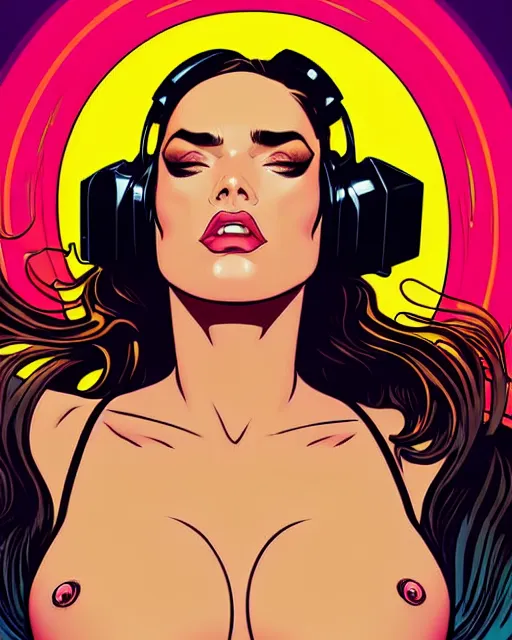 Image similar to low angle closeup very seductive megan fox retro scifi goddess pinup, vr goggles, action glamour pose, windblown dark hair, hyper detailed, digital art, studio lighting, smooth, ambient lighting, sharp focus, frank miller, wlop, fritz willis, anna dittmann, moebius!, alphonse mucha, patrick nagle!!!, rim lighting, synthwave