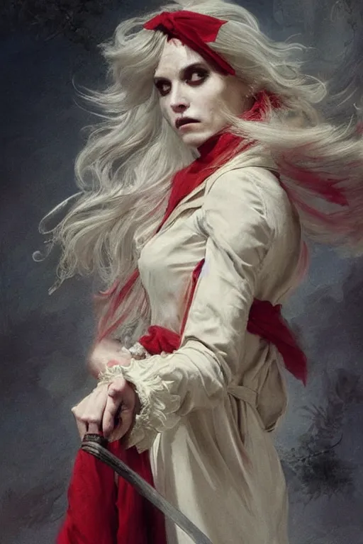 Image similar to a vampire with long light white hair and a red scarf, windy, ribbons, melancholic, modern maximalist fashion dress, is ( ( holding a sword ) ). light dust, magnificent, hyperdetailed, theatrical, painted by jean honore fragonard and greg rutkowski